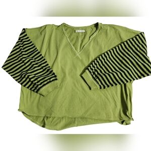 NWOT We The Free (Free People) Long Sleeved V-Neck Tee with Striped Sleeves